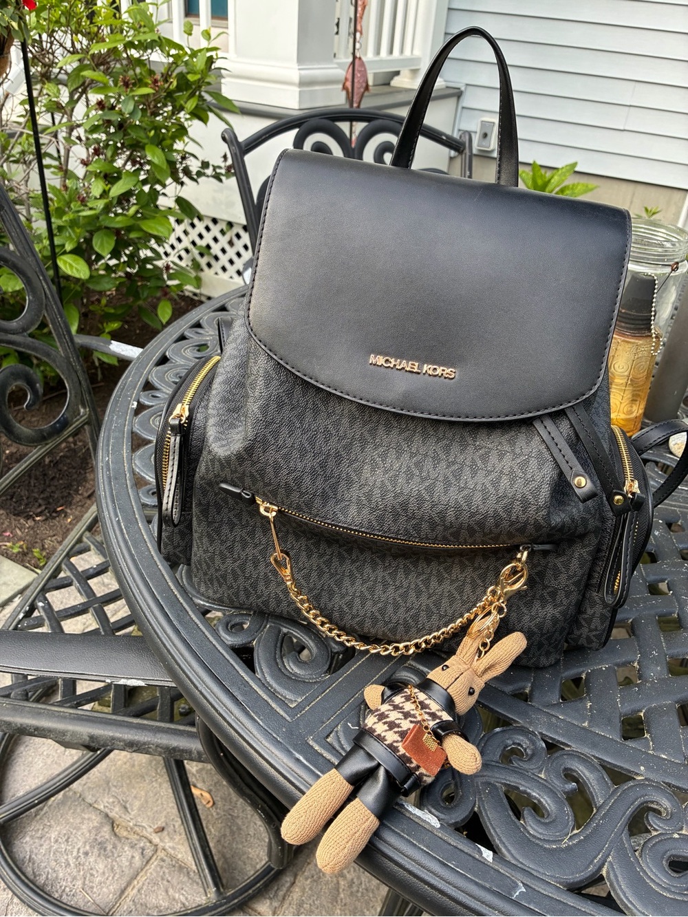 Michael Kors Black Signature Monogram Backpack w/ Style Bunny 🐰 💼